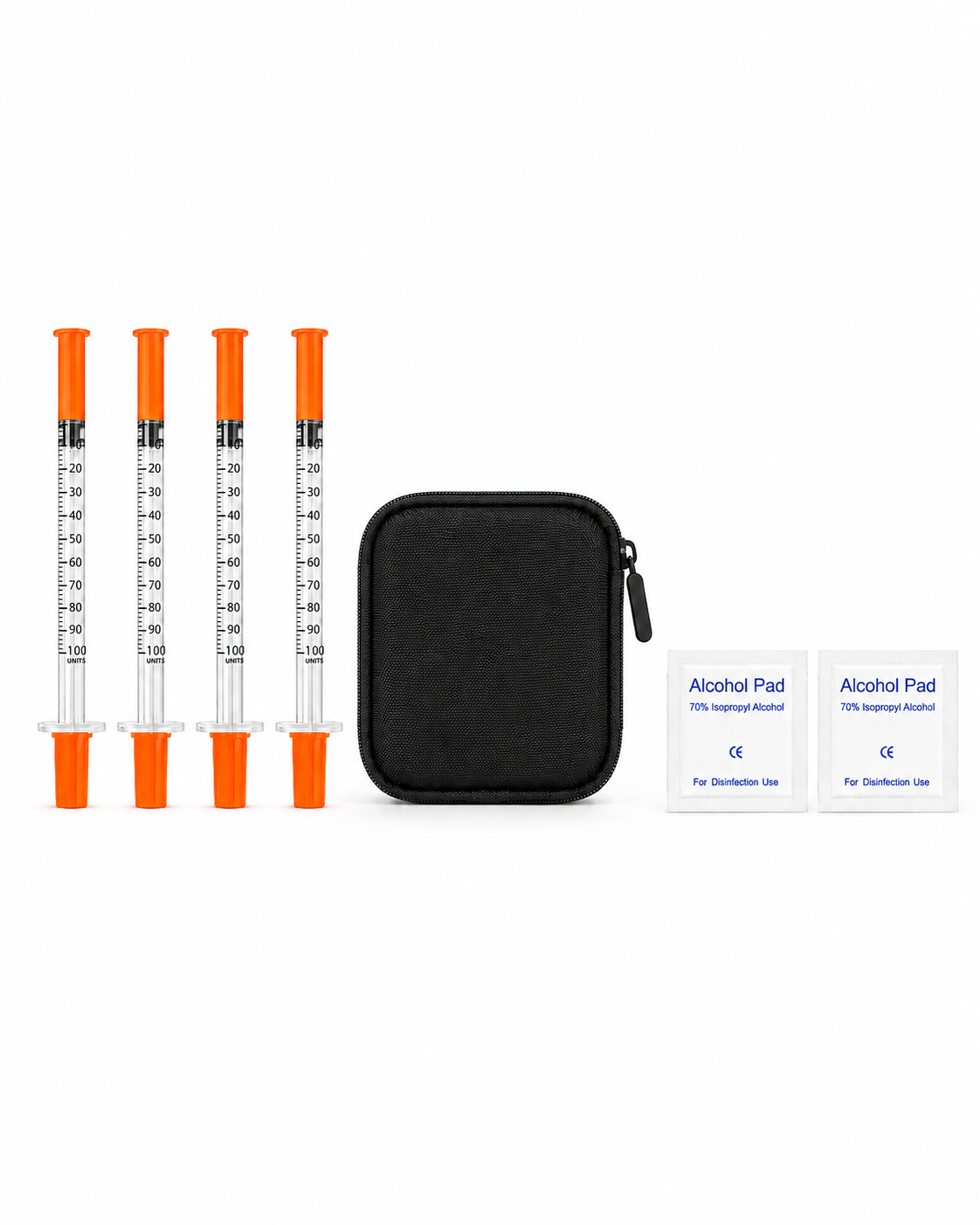 Research starter bundle with 1 mL syringes, closed storage case, and alcohol pads