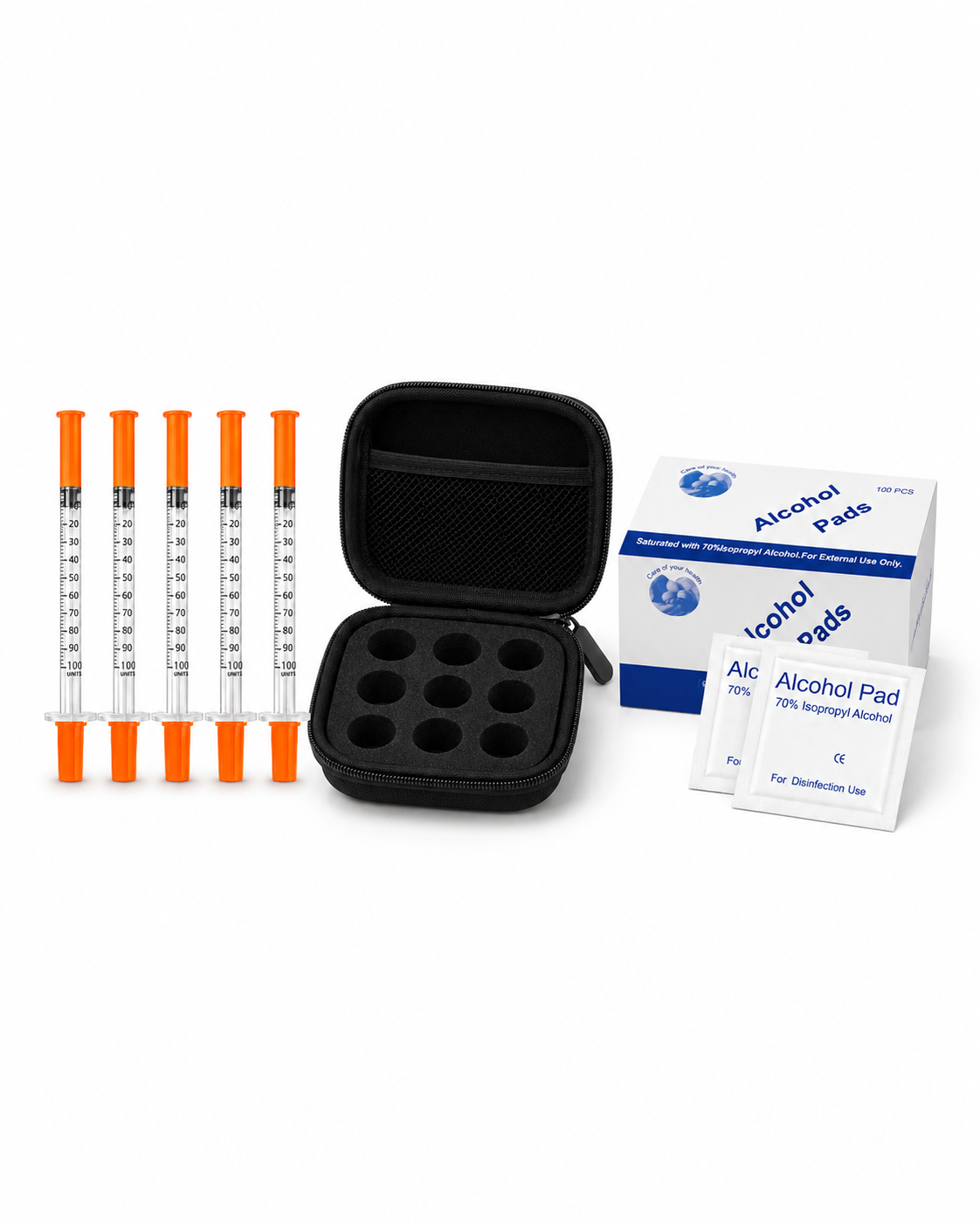 Research starter bundle with 1 mL syringes, open 9-slot case, and alcohol pads